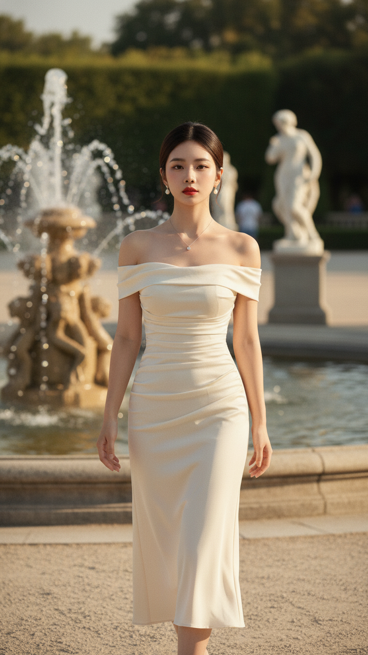 Ảnh chân dung nữ sinh tự tin trong công viên lãng mạn với váy màu kem cổ điển