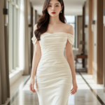 Tạo chân dung nữ trẻ trong váy cream quyến rũ tại sảnh lâu đài hiện đại