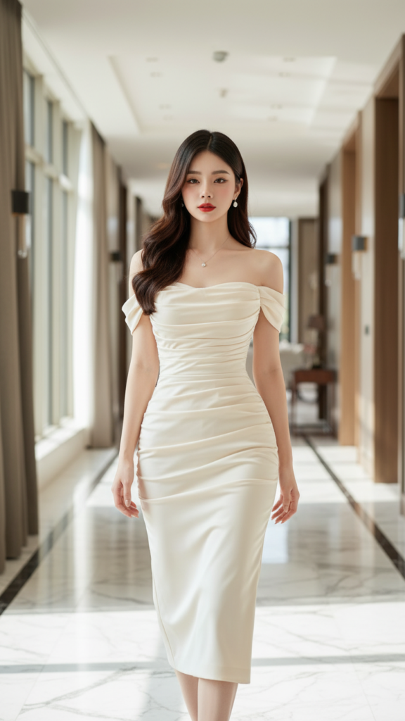 Tạo chân dung nữ trẻ trong váy cream quyến rũ tại sảnh lâu đài hiện đại