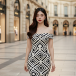 Chân dung cô gái trong bộ đầm midi đen trắng giữa không gian sang trọng