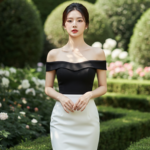 Chân dung thực tế của cô gái trẻ trong váy midi đen trắng giữa vườn thiên nhiên tươi đẹp