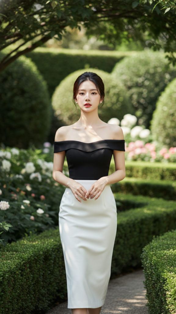 Chân dung thực tế của cô gái trẻ trong váy midi đen trắng giữa vườn thiên nhiên tươi đẹp