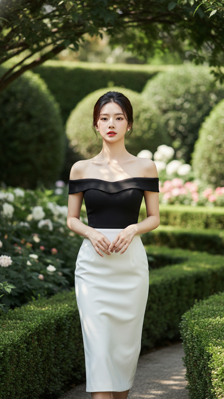 Chân dung thực tế của cô gái trẻ trong váy midi đen trắng giữa vườn thiên nhiên tươi đẹp