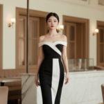 Chân dung quyến rũ của cô gái trẻ trong bộ đầm trắng đen tại quán cà phê sang trọng