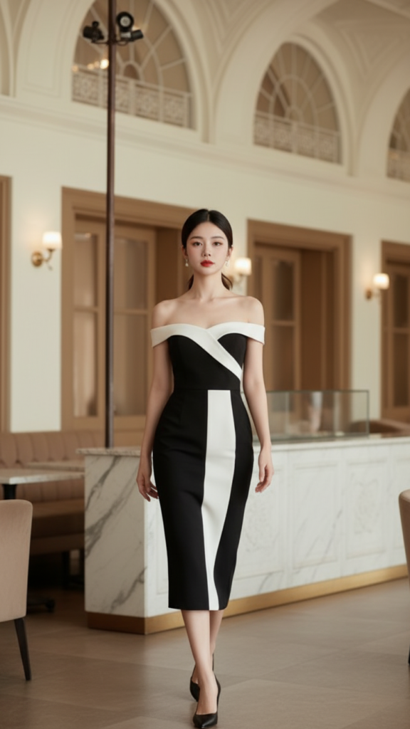 Chân dung quyến rũ của cô gái trẻ trong bộ đầm trắng đen tại quán cà phê sang trọng