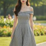 Chân dung trẻ trung trong váy midi đen trắng giữa công viên nắng ấm