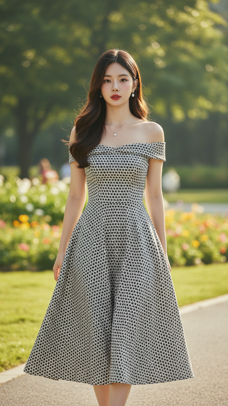 Chân dung trẻ trung trong váy midi đen trắng giữa công viên nắng ấm