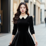 Chân dung nữ tình tế với váy nhung đen trong phố sang trọng