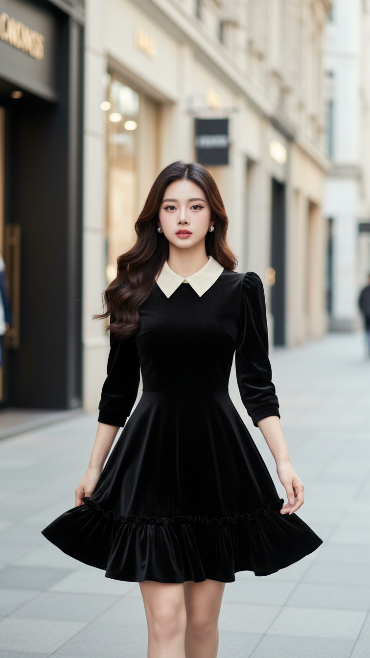 Chân dung nữ tình tế với váy nhung đen trong phố sang trọng