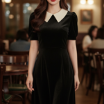 Chân dung cô gái trẻ trong bộ đầm nhung đen tại quán cafe vintage