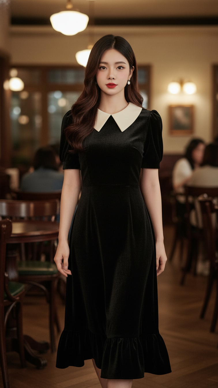 Chân dung cô gái trẻ trong bộ đầm nhung đen tại quán cafe vintage