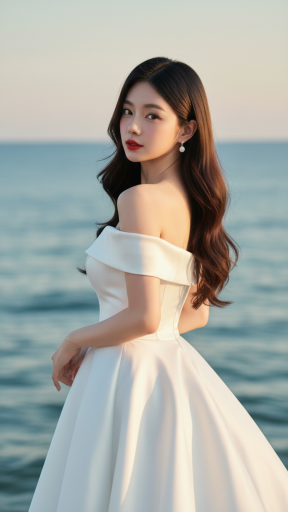 Chân dung cô gái trẻ đẹp bên bờ biển với vẻ thanh lịch và quyến rũ