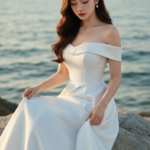 Chân dung cô gái trẻ giữa khung cảnh biển nhẹ nhàng và ánh sáng vàng ấm áp