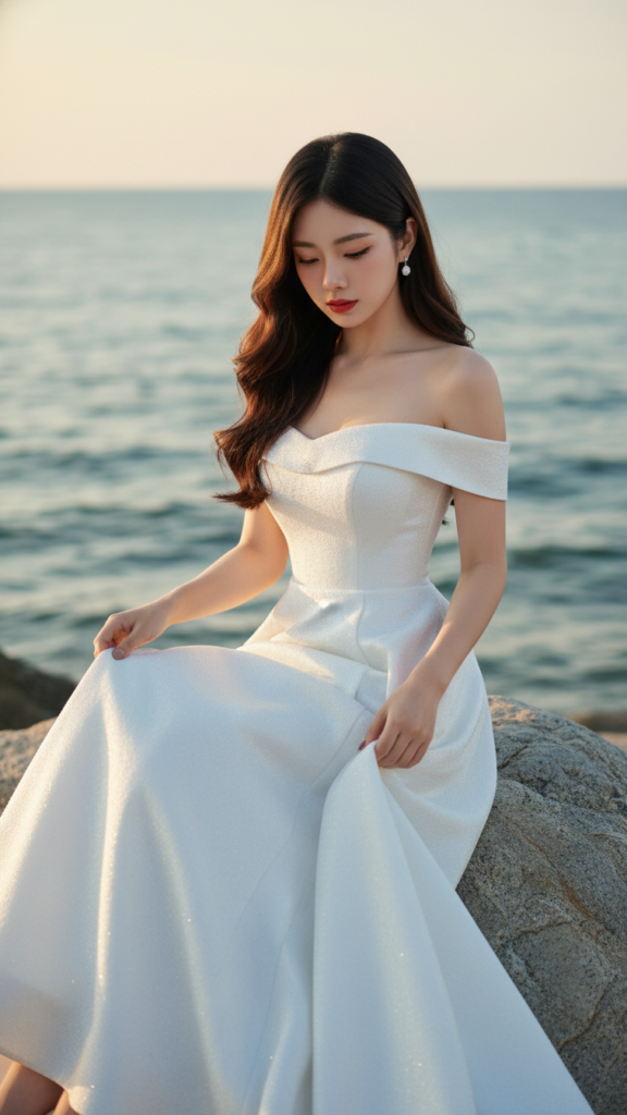 Chân dung cô gái trẻ giữa khung cảnh biển nhẹ nhàng và ánh sáng vàng ấm áp