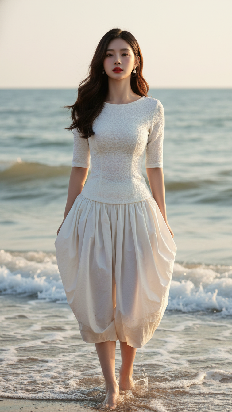 Chân dung cô gái trẻ bên bờ biển trong ánh hoàng hôn rực rỡ nhé