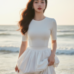 Tạo chân dung thực tế của cô gái tự tin bên bờ biển lúc hoàng hôn.