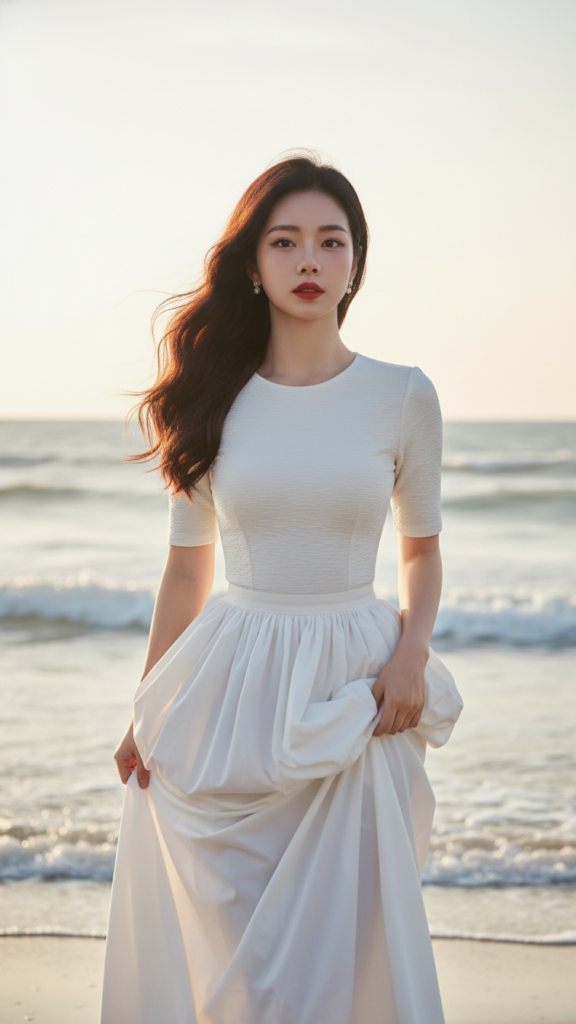 Tạo chân dung thực tế của cô gái tự tin bên bờ biển lúc hoàng hôn.