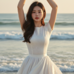 Chân dung thanh lịch của cô gái trẻ bên bãi biển vào giờ vàng rực rỡ