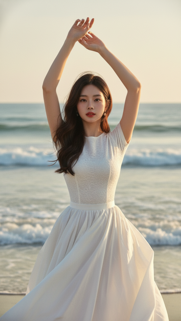 Chân dung thanh lịch của cô gái trẻ bên bãi biển vào giờ vàng rực rỡ