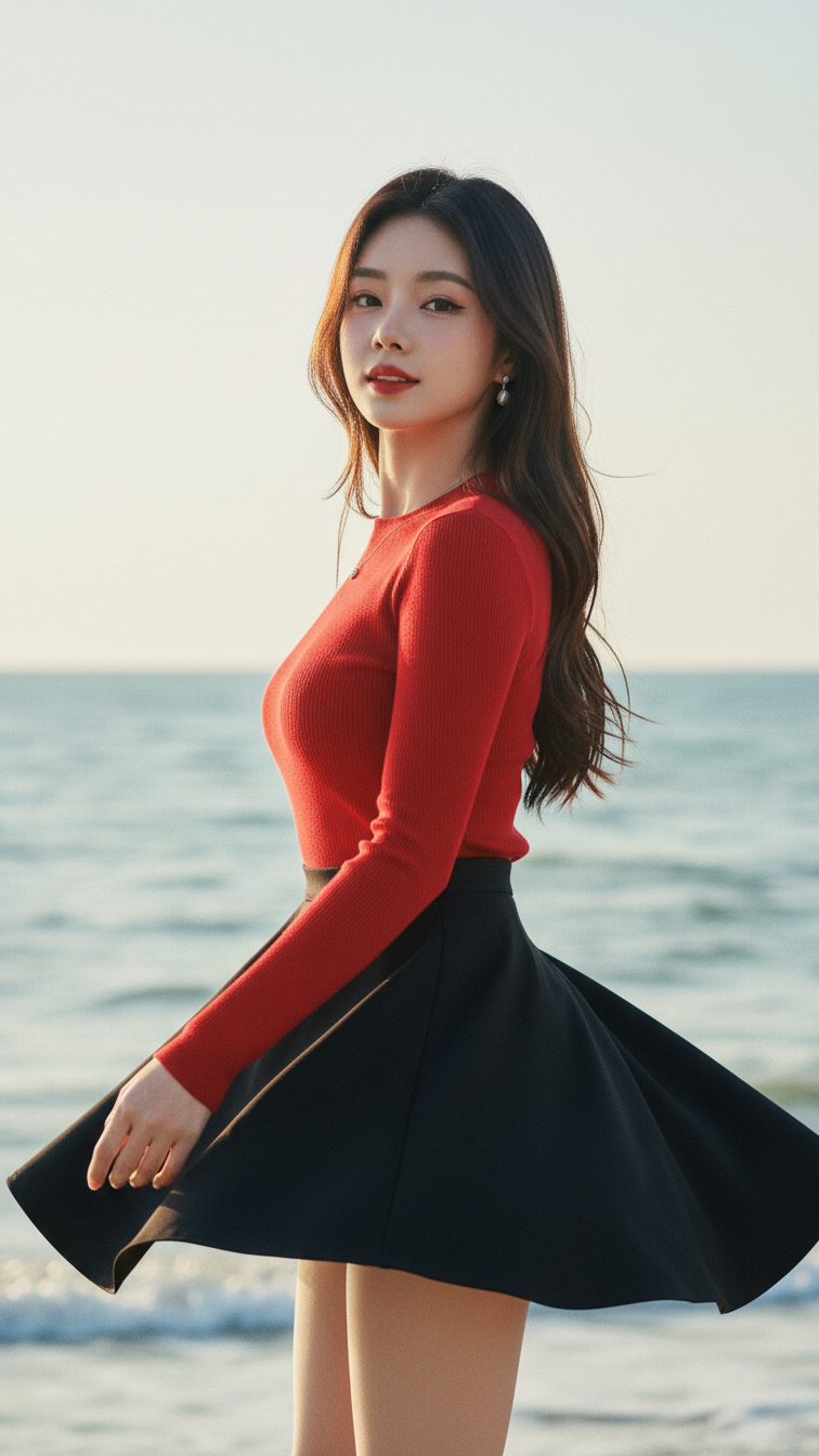 Chân dung thanh lịch của cô gái trẻ bên bờ biển với phong cách thời trang nổi bật