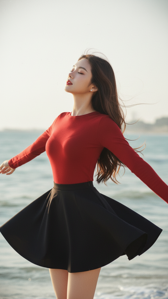 Chân dung thanh lịch của cô gái trẻ bên biển với phong cách thời trang nổi bật.