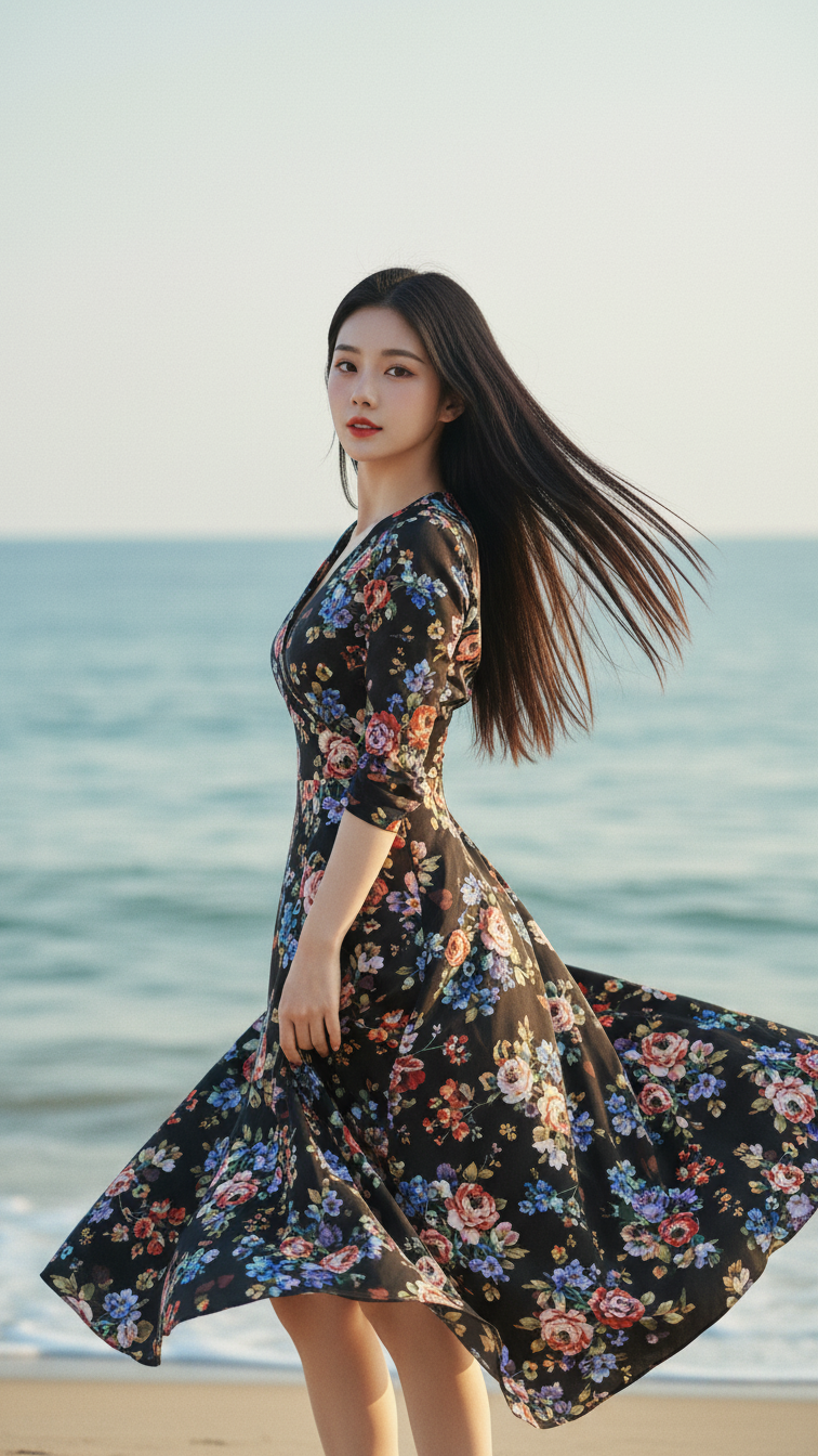 Chân dung người phụ nữ trẻ đầy tự tin bên bờ biển với trang phục cuốn hút
