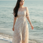 Portrait hiện thực của cô gái trẻ tự tin bên bờ biển thanh bình