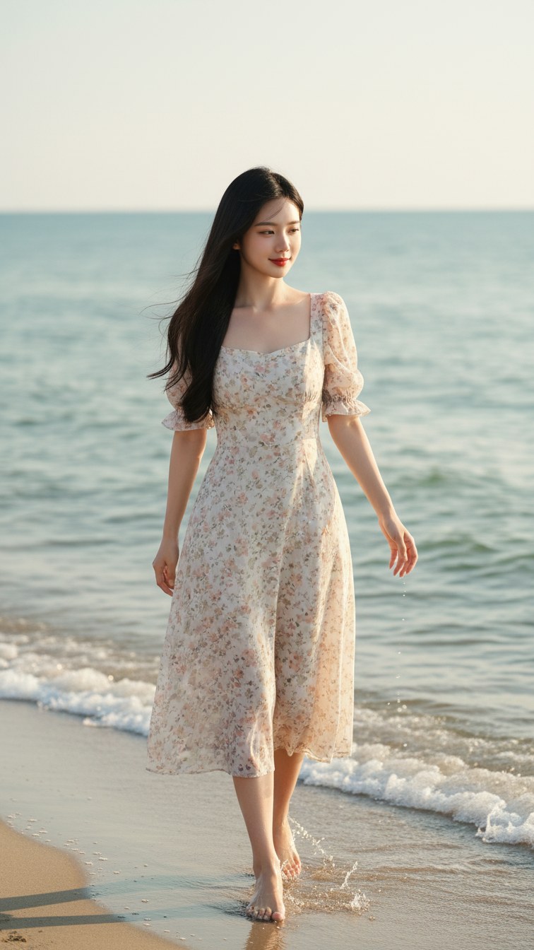 Portrait hiện thực của cô gái trẻ tự tin bên bờ biển thanh bình