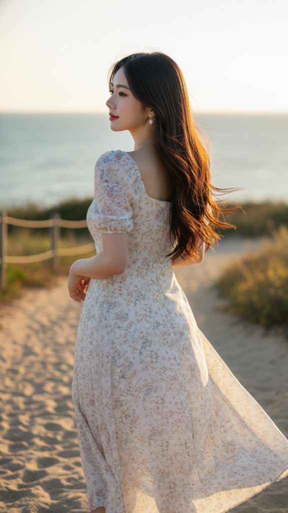 Chân dung thanh lịch của cô gái Á Đông bên bờ biển bình yên