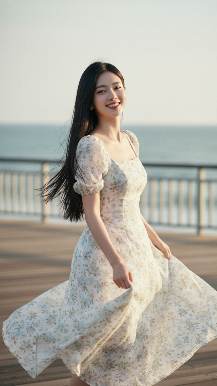 Chân dung thanh lịch của cô gái trẻ bên bờ biển với nụ cười tự tin