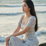 Chân dung tự nhiên của cô gái trẻ giữa khung cảnh biển vào ánh chiều vàng