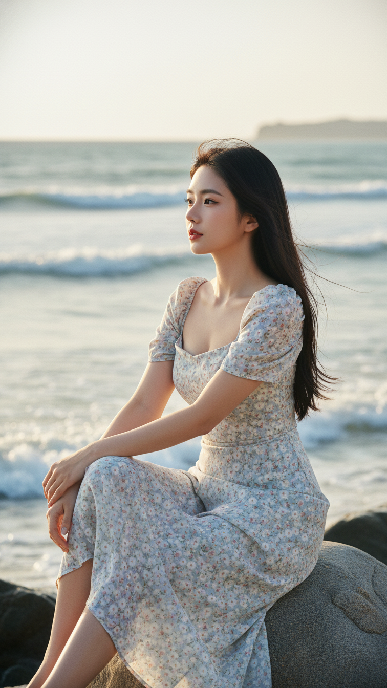 Chân dung tự nhiên của cô gái trẻ giữa khung cảnh biển vào ánh chiều vàng