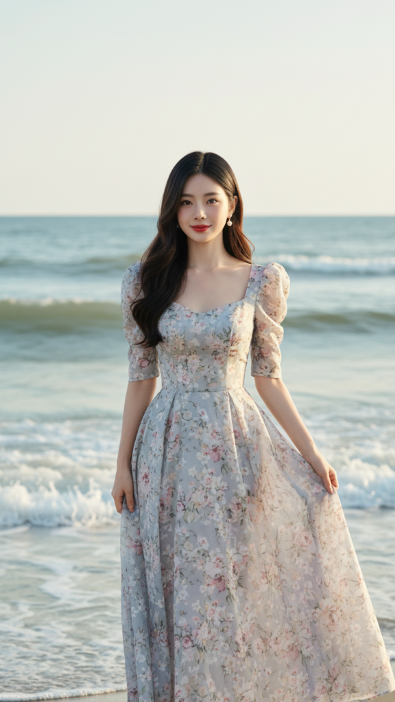 Chân dung cô gái trẻ tự tin bên bờ biển với trang phục maxi thanh lịch