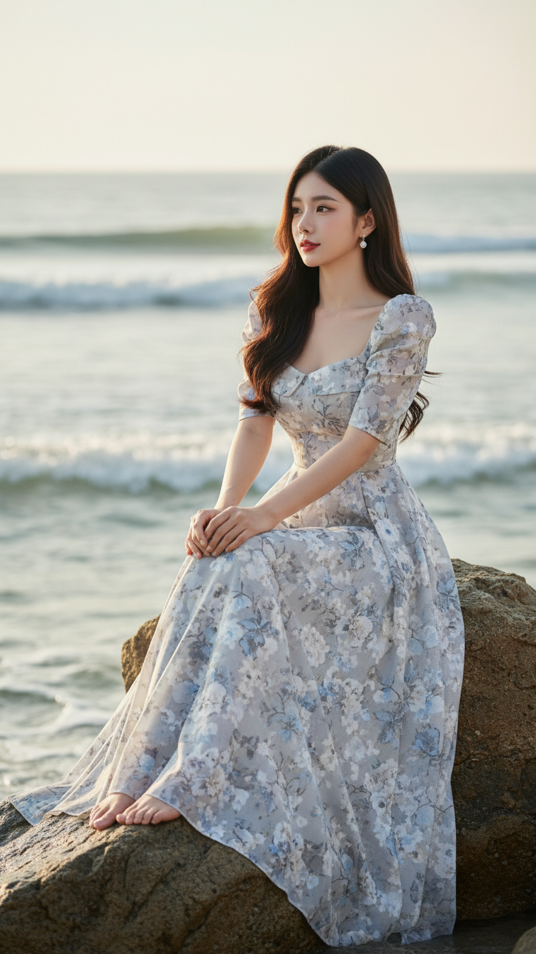 Chân dung cô gái trẻ đầy tự tin bên bờ biển với áo maxi thanh lịch