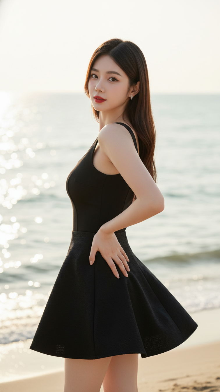 Chân dung thực tế của cô gái trẻ bên bờ biển thể hiện sự tự tin và quyến rũ