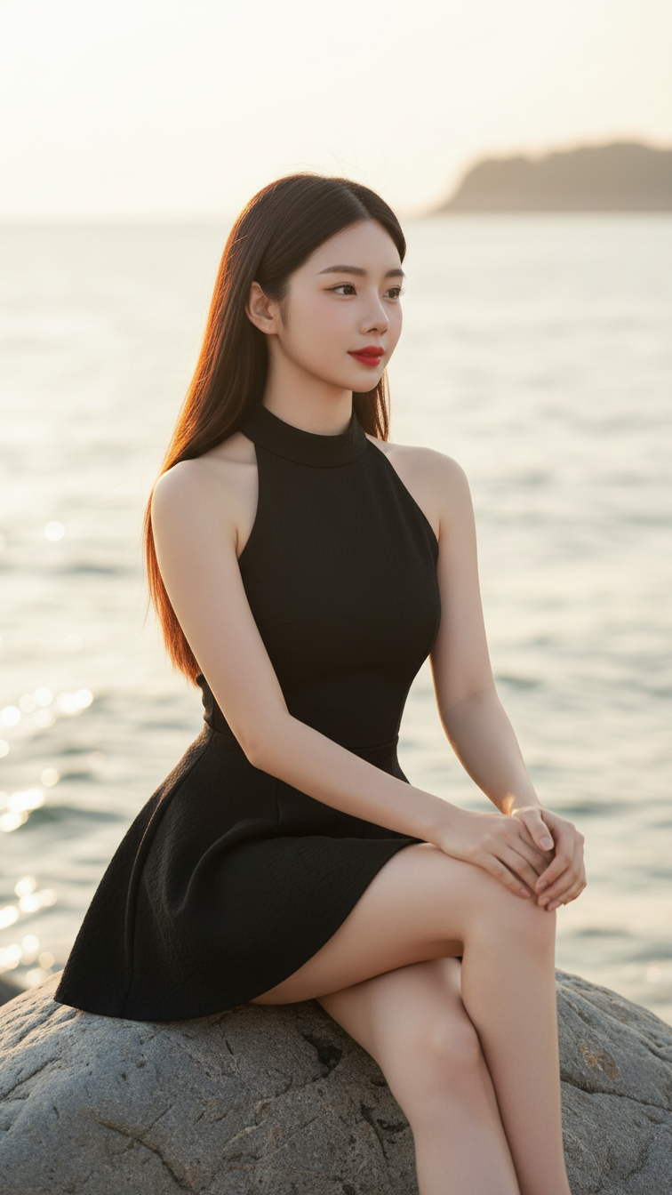 Chân dung nữ sinh thanh lịch bên bờ biển mùa hè rực rỡ ánh nắng