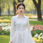 Chân dung trẻ trung giữa công viên hoa nở rộ với trang phục thanh lịch và phong cách tự nhiên