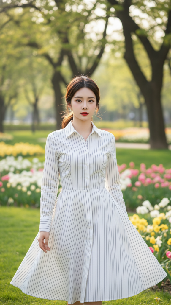 Chân dung trẻ trung giữa công viên hoa nở rộ với trang phục thanh lịch và phong cách tự nhiên