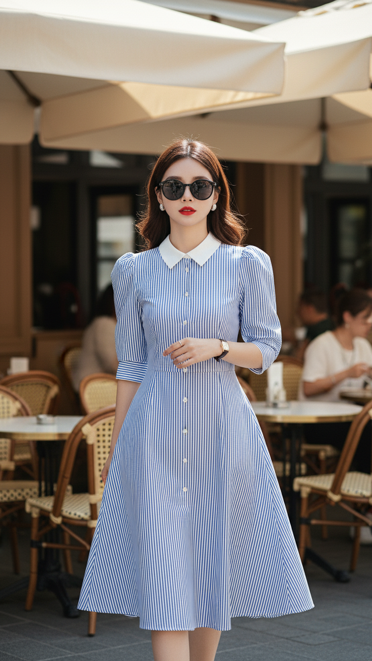 Chân dung cô gái trẻ trong bộ đầm xanh sọc tại quán cà phê sang trọng ngoài trời