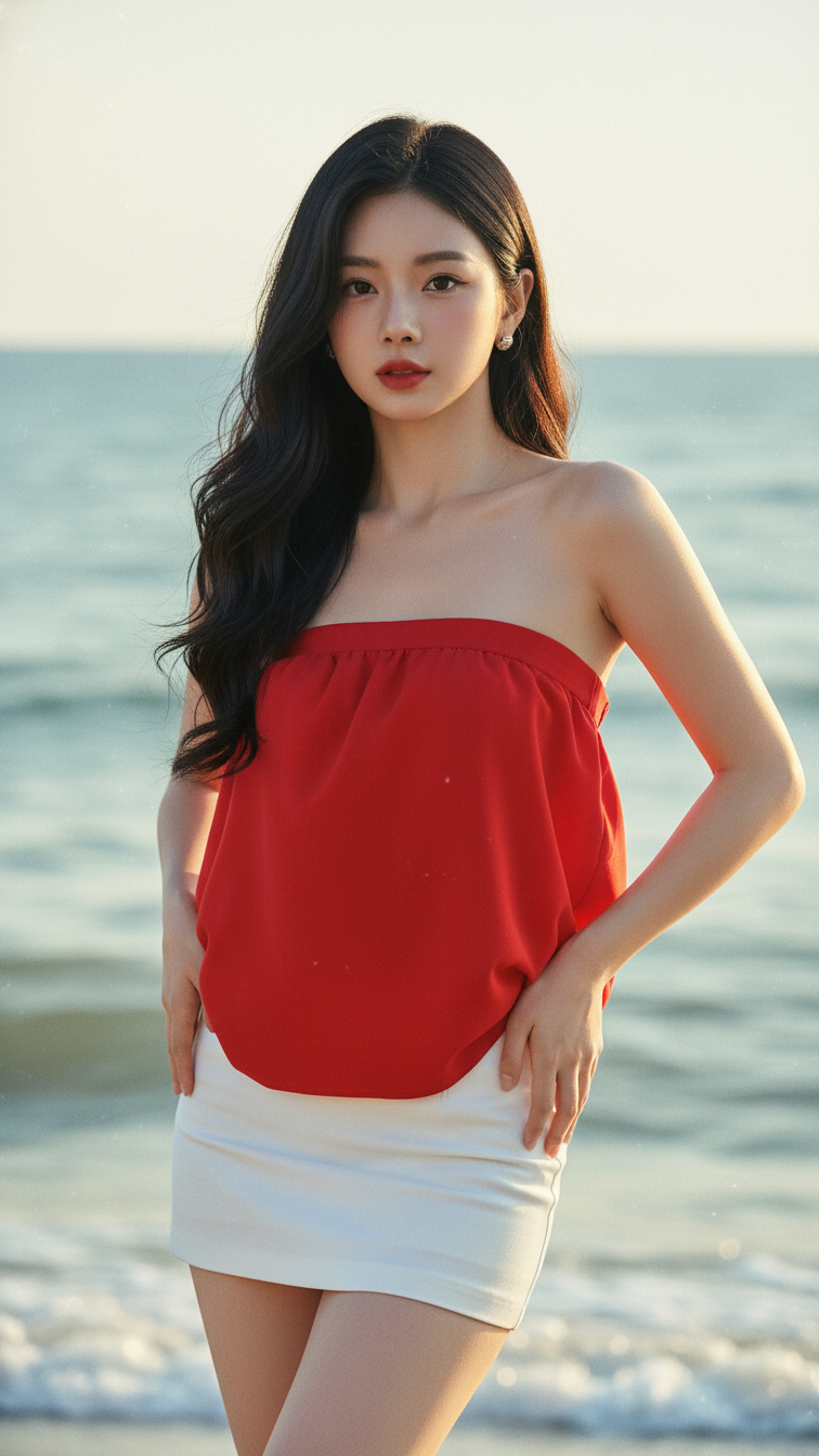 Vẽ chân dung thanh lịch của cô gái trẻ bên bờ biển mùa hè