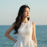 Chân dung thanh lịch của cô gái trẻ bên bờ biển đầy tươi sáng và tự tin