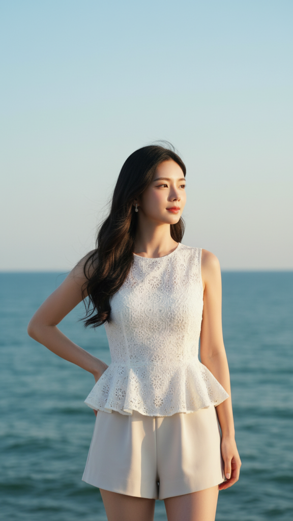 Chân dung thanh lịch của cô gái trẻ bên bờ biển đầy tươi sáng và tự tin
