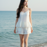 Chân dung thanh lịch của cô gái trẻ bên bờ biển mùa hè