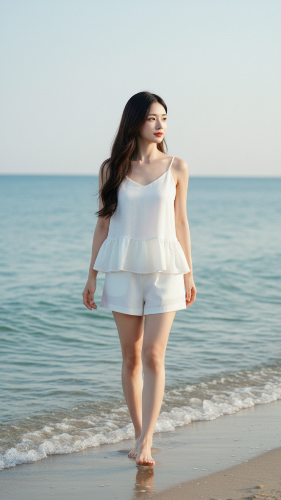 Chân dung thanh lịch của cô gái trẻ bên bờ biển mùa hè