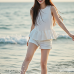 Chân dung thanh lịch và sống động của cô gái trẻ bên bờ biển mùa hè