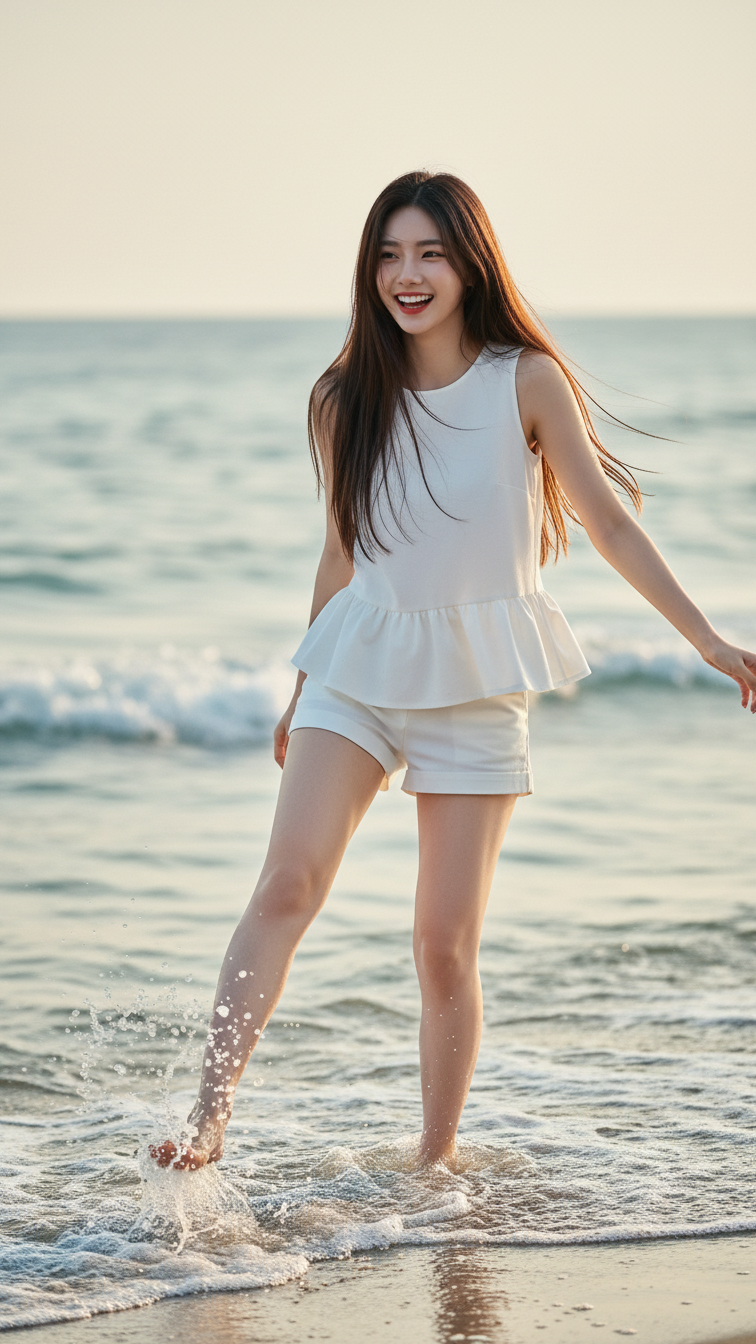 Chân dung thanh lịch và sống động của cô gái trẻ bên bờ biển mùa hè