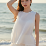 Chân dung thanh lịch của cô gái trẻ bên bờ biển mùa hè