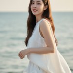 Chân dung cô gái trẻ duyên dáng bên bờ biển vào buổi chiều vàng