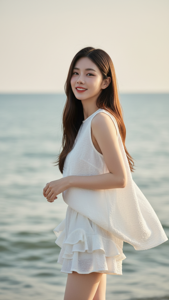 Chân dung cô gái trẻ duyên dáng bên bờ biển vào buổi chiều vàng
