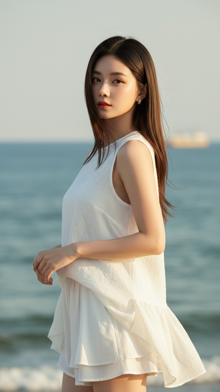 Chân dung cô gái 18-25 tuổi tự tin bên bờ biển cùng ánh nắng vàng tuyệt đẹp